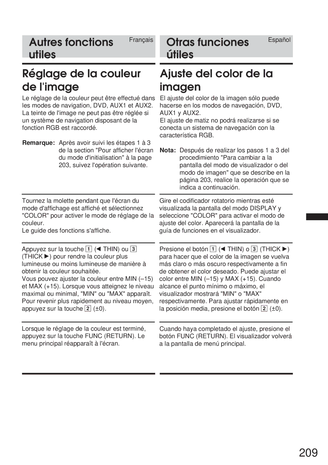 Alpine IVA-C800 owner manual 209, Utiles Útiles Réglage de la couleur de limage, Ajuste del color de la imagen 