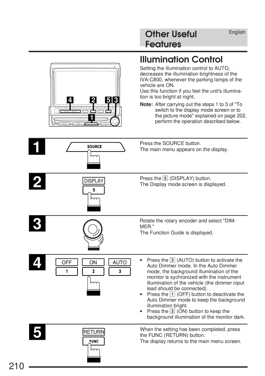 Alpine IVA-C800 owner manual 210, Features Illumination Control, Mer, OFF Auto 