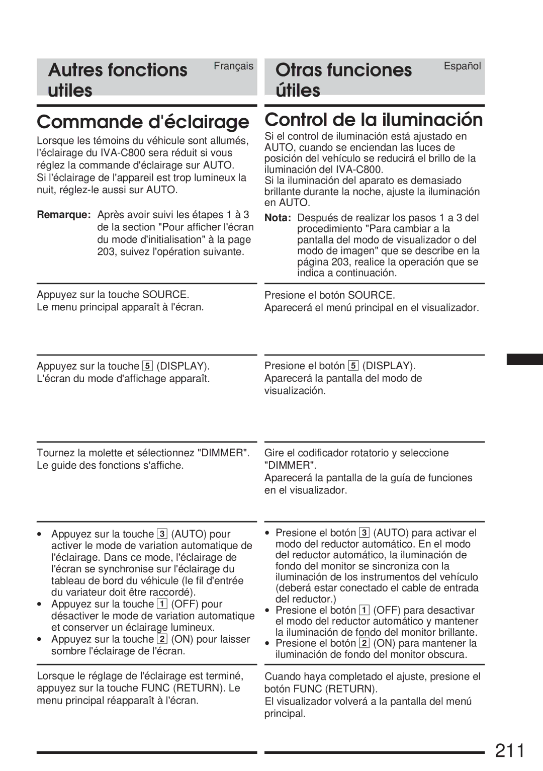 Alpine IVA-C800 owner manual 211, Utiles Útiles Commande déclairage, Control de la iluminación 