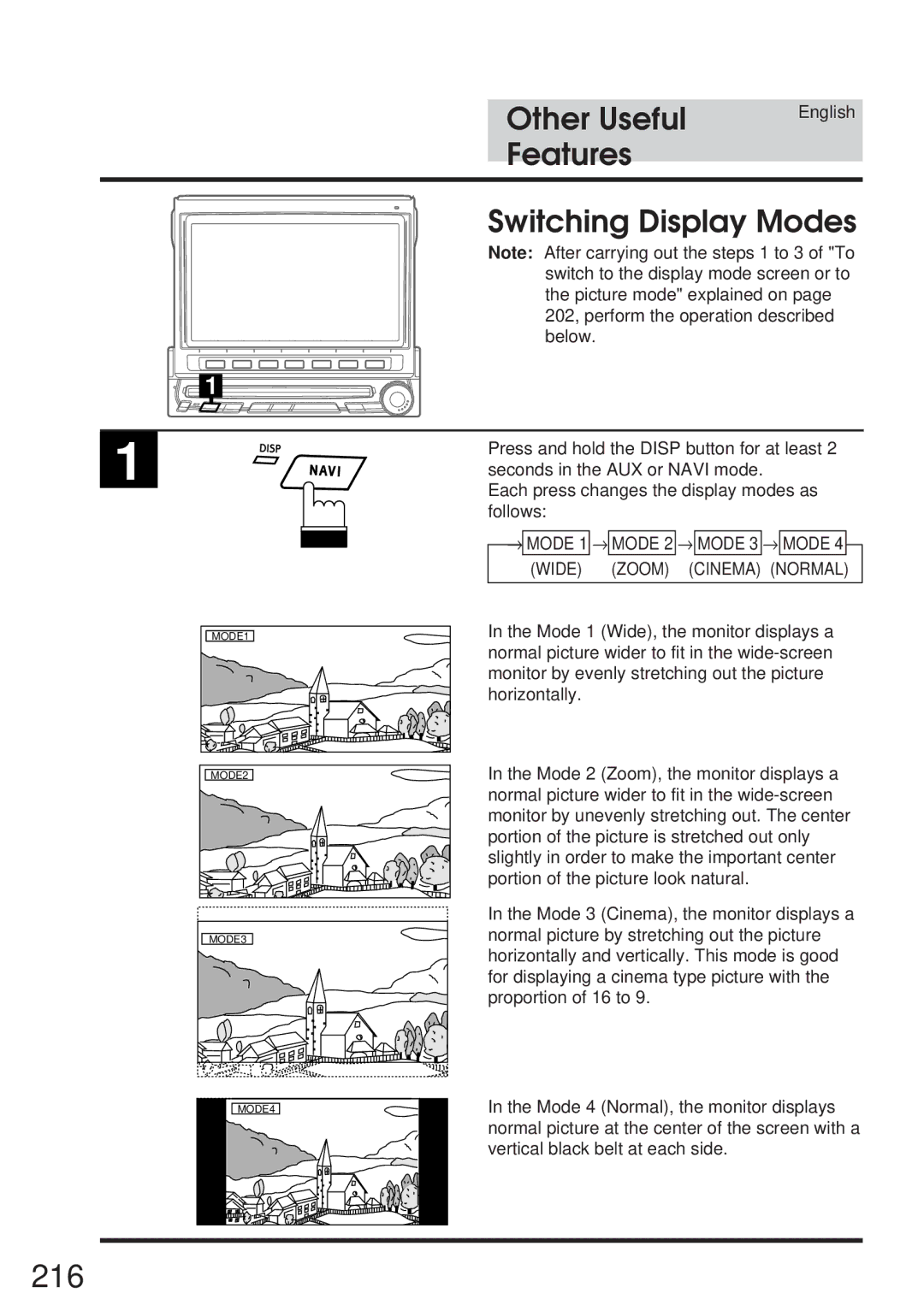 Alpine IVA-C800 owner manual 216, Switching Display Modes, Wide Zoom Cinema Normal 