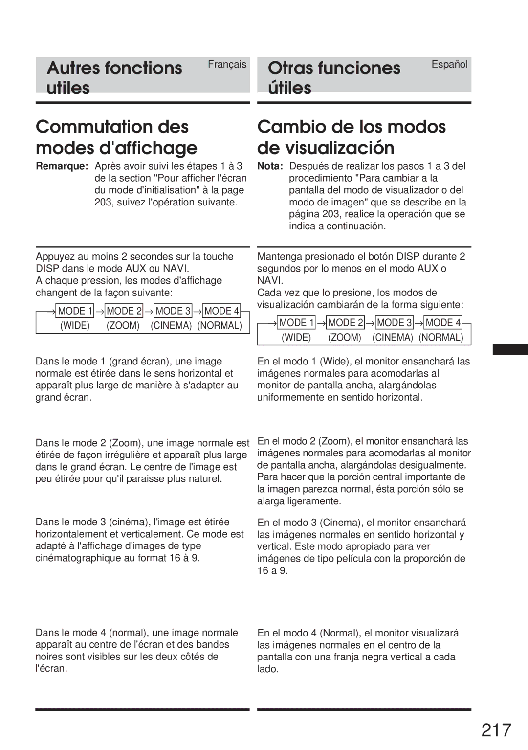 Alpine IVA-C800 owner manual 217, Utiles Útiles Commutation des modes daffichage, Cambio de los modos de visualización 