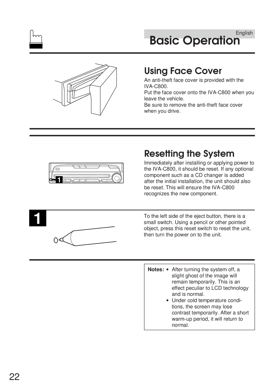 Alpine IVA-C800 owner manual Using Face Cover, Resetting the System 