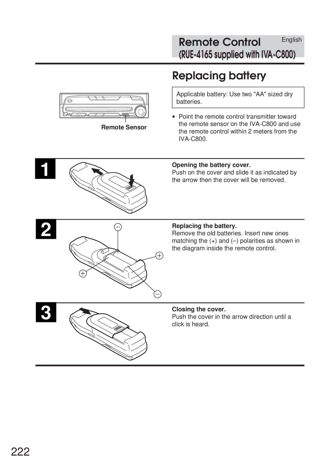 Alpine IVA-C800 owner manual 222, Remote Control, Replacing battery 