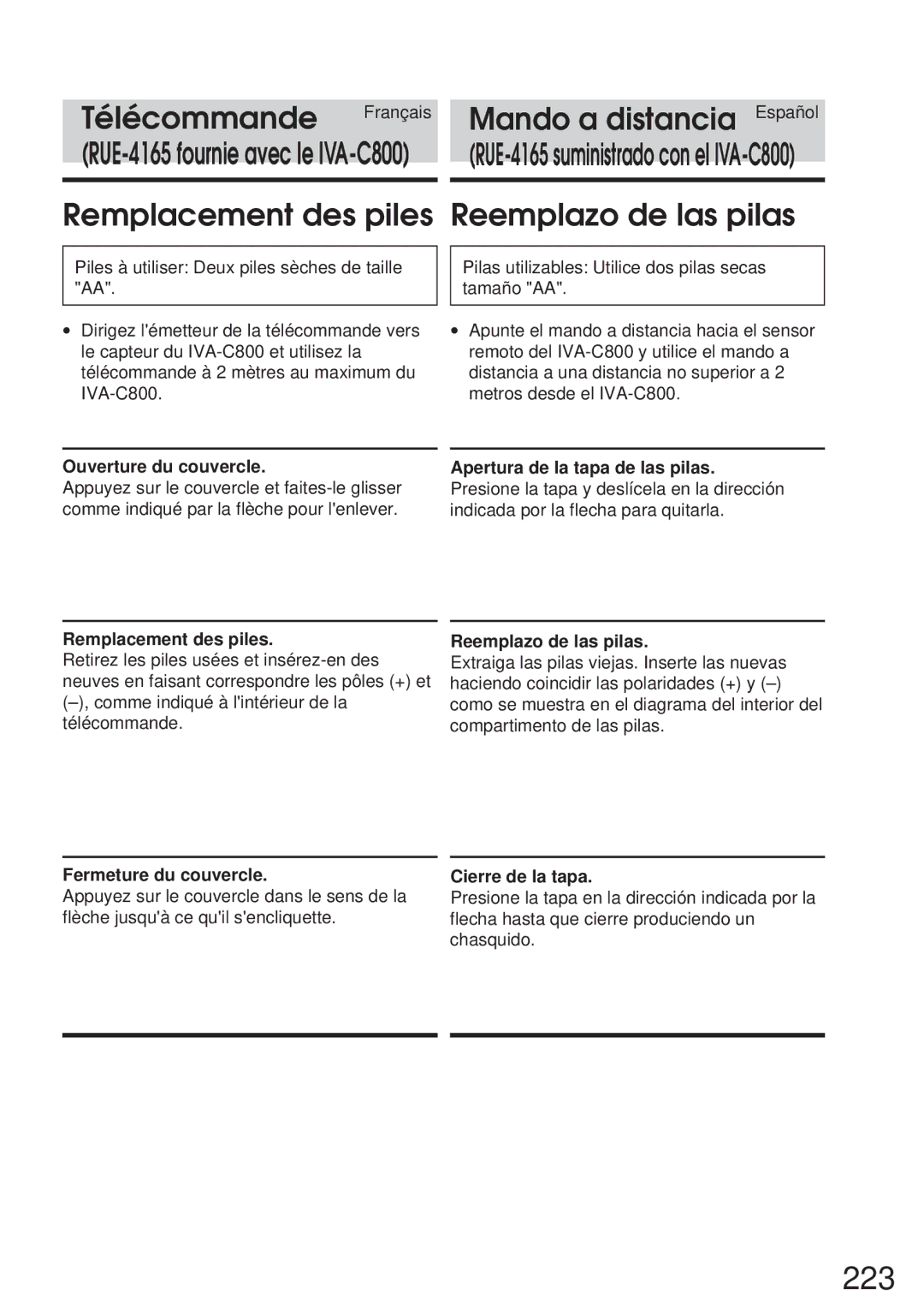 Alpine IVA-C800 223, Télécommande Français Mando a distancia Español, Remplacement des piles Reemplazo de las pilas 