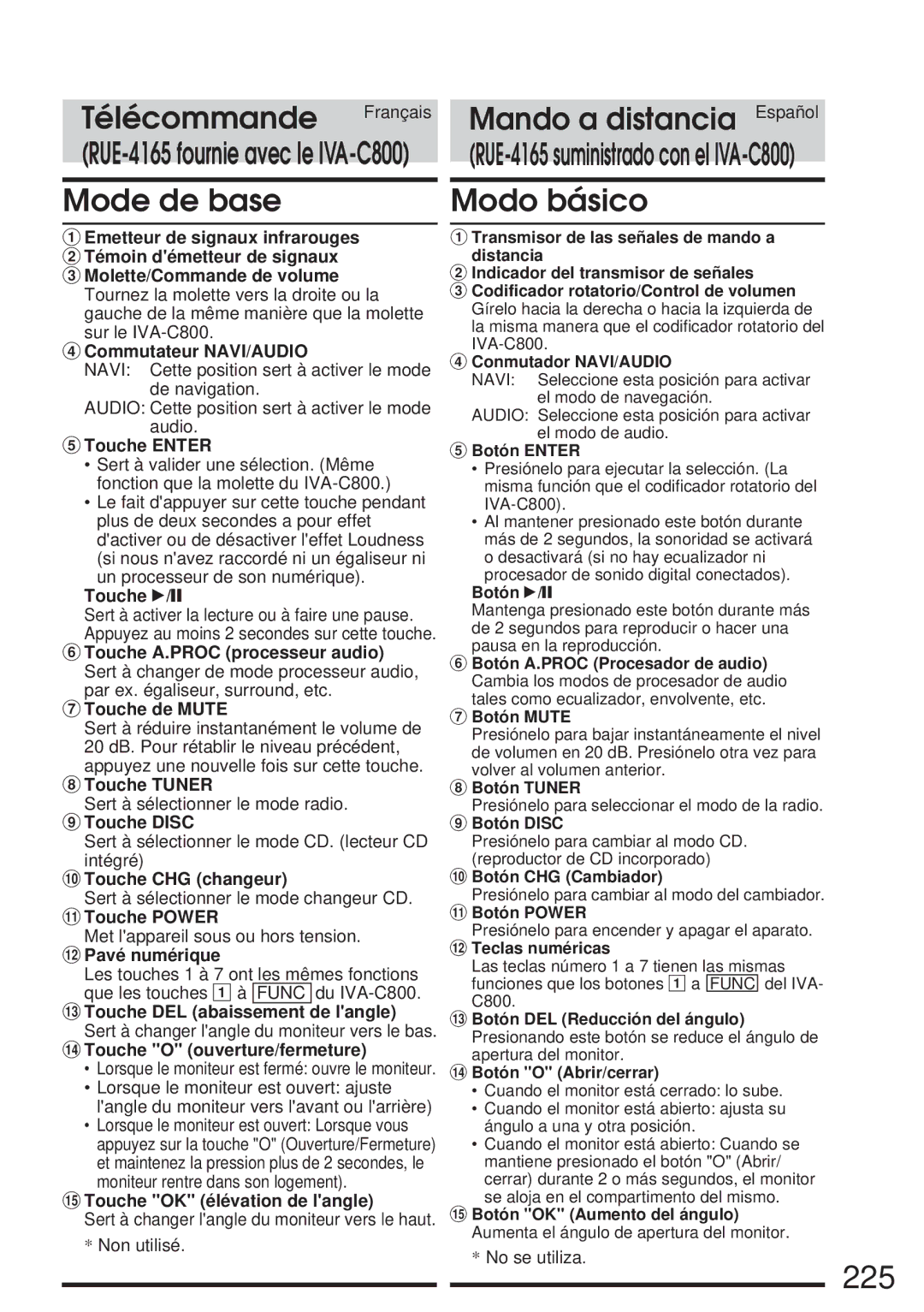 Alpine IVA-C800 owner manual 225, Mode de base, Modo básico 