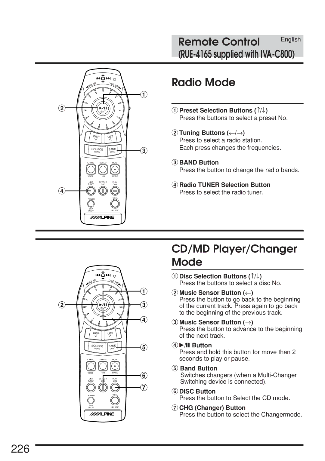 Alpine IVA-C800 owner manual 226, Radio Mode, CD/MD Player/Changer 