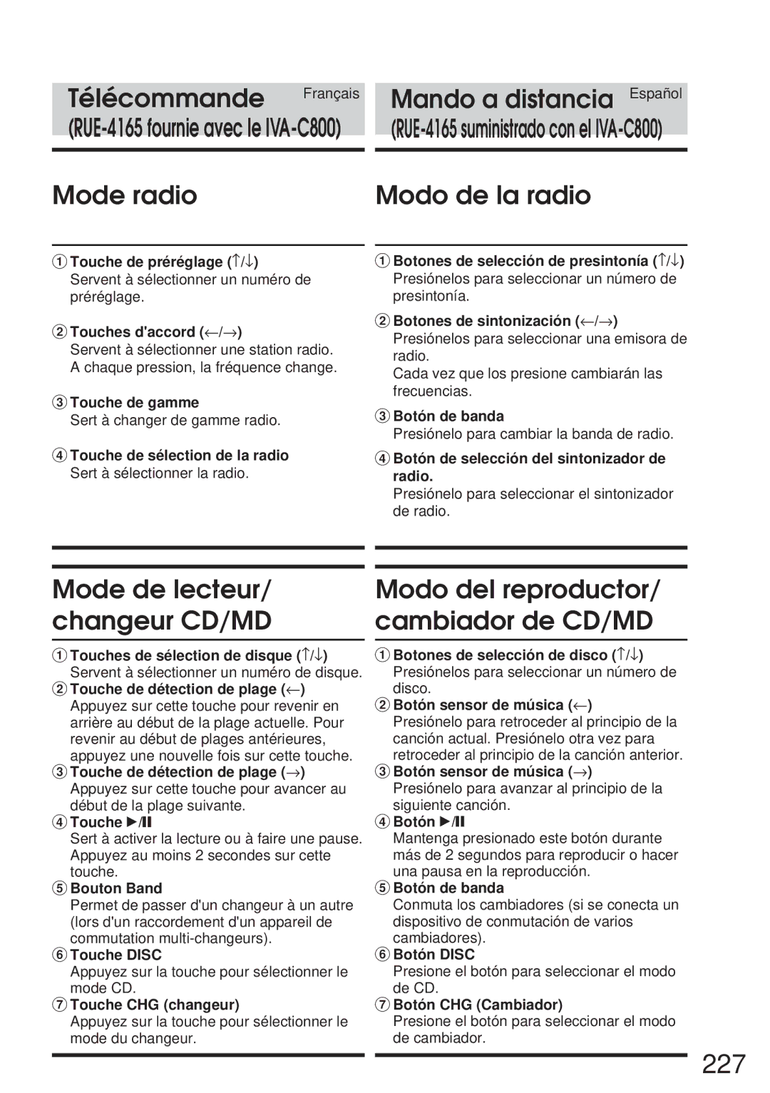 Alpine IVA-C800 owner manual 227, Mode radio, Modo de la radio, Mode de lecteur/ changeur CD/MD 