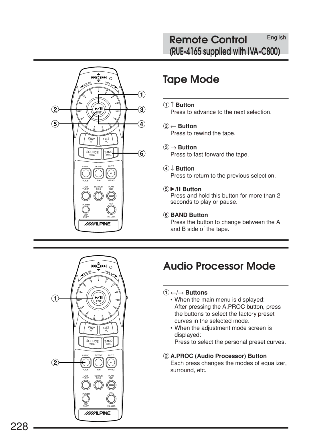 Alpine IVA-C800 owner manual 228, Tape Mode, Audio Processor Mode 