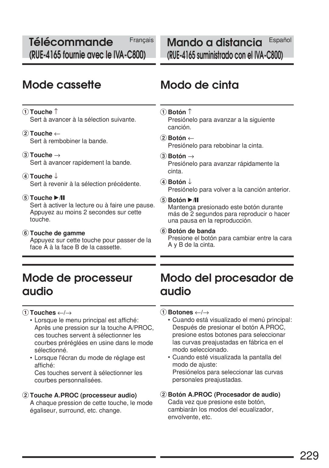 Alpine IVA-C800 owner manual 229, Mode cassette Modo de cinta, Mode de processeur audio Modo del procesador de audio 