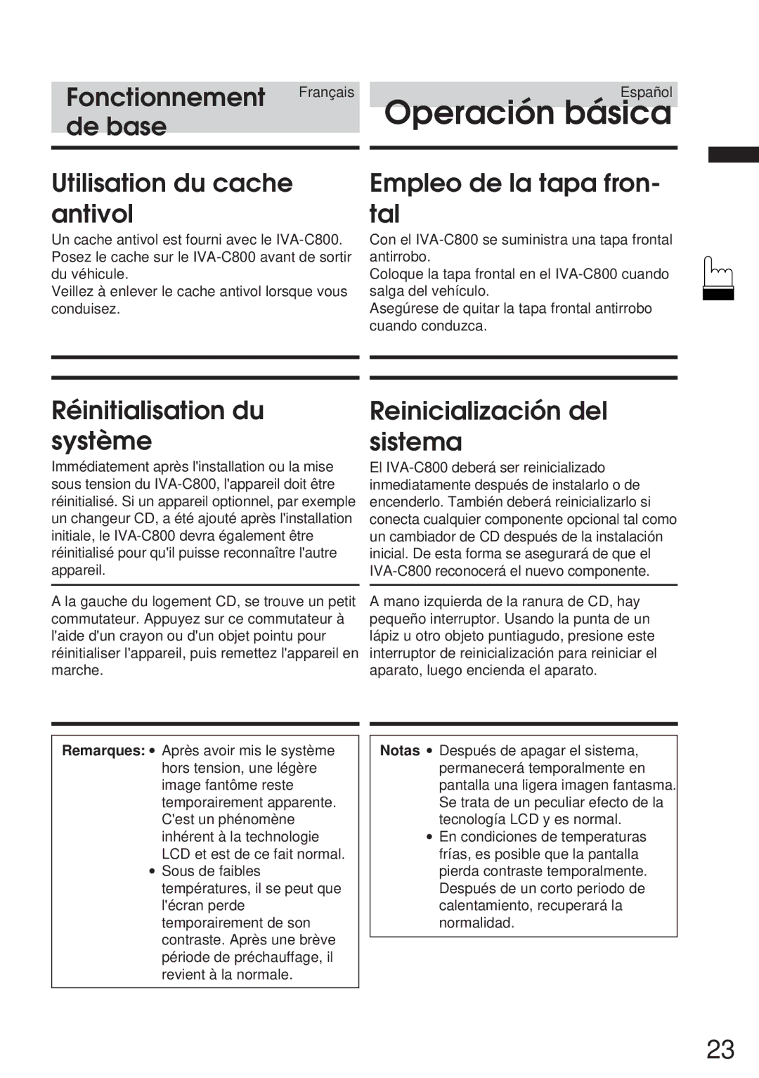 Alpine IVA-C800 owner manual De base Utilisation du cache antivol, Empleo de la tapa fron- tal, Réinitialisation du système 