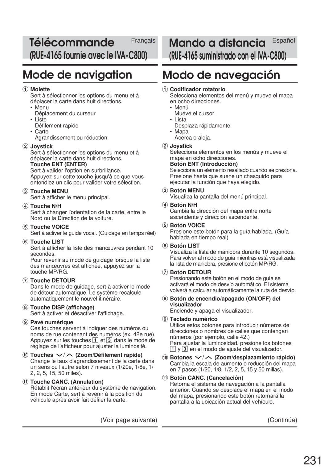 Alpine IVA-C800 owner manual 231, Mode de navigation, Modo de navegación 