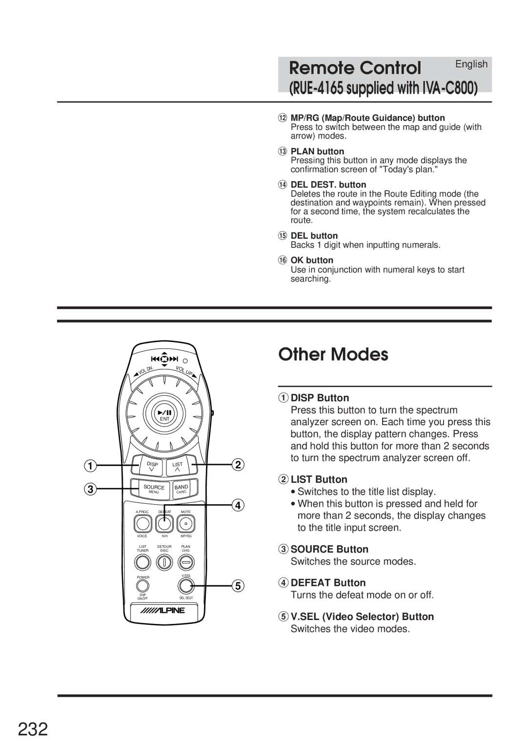 Alpine IVA-C800 owner manual 232, Other Modes 