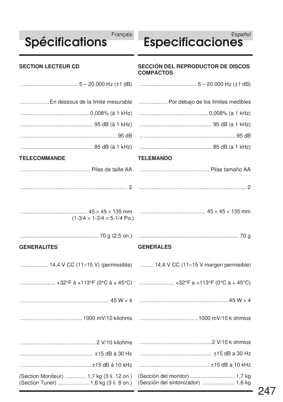 Alpine IVA-C800 owner manual 247, 95 dB à 1 kHz DB a 1 kHz 85 dB à 1 kHz, 70 g, Kg 3 li on 