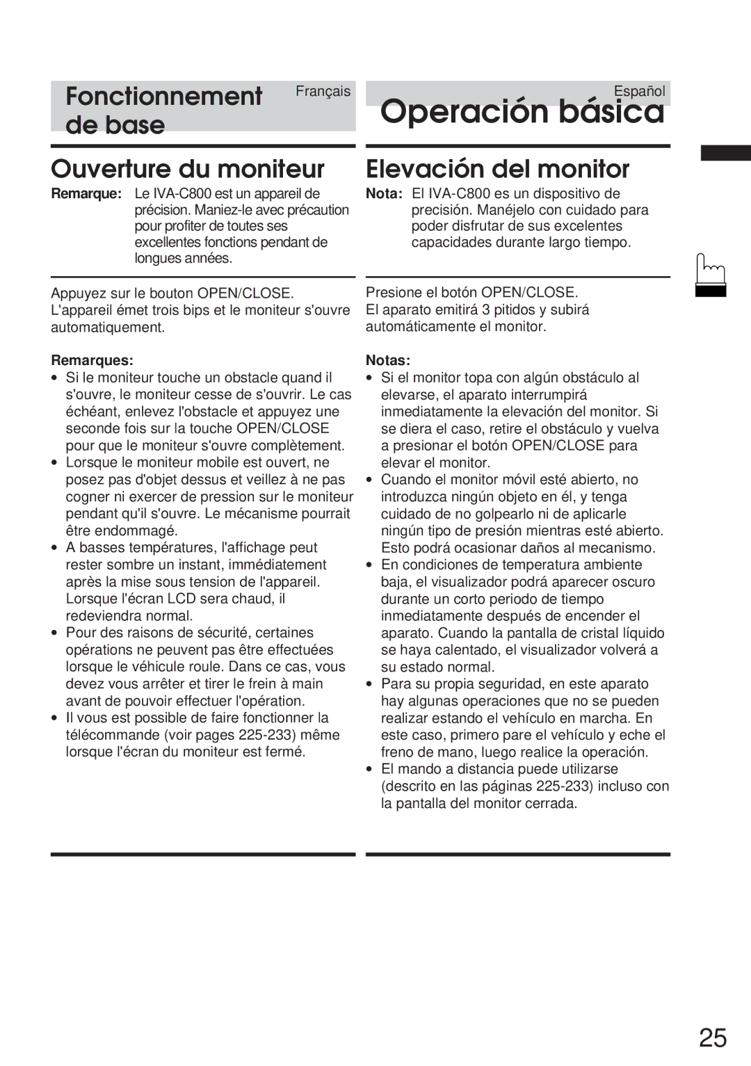 Alpine IVA-C800 owner manual De base Ouverture du moniteur, Elevación del monitor, Remarques, Notas 