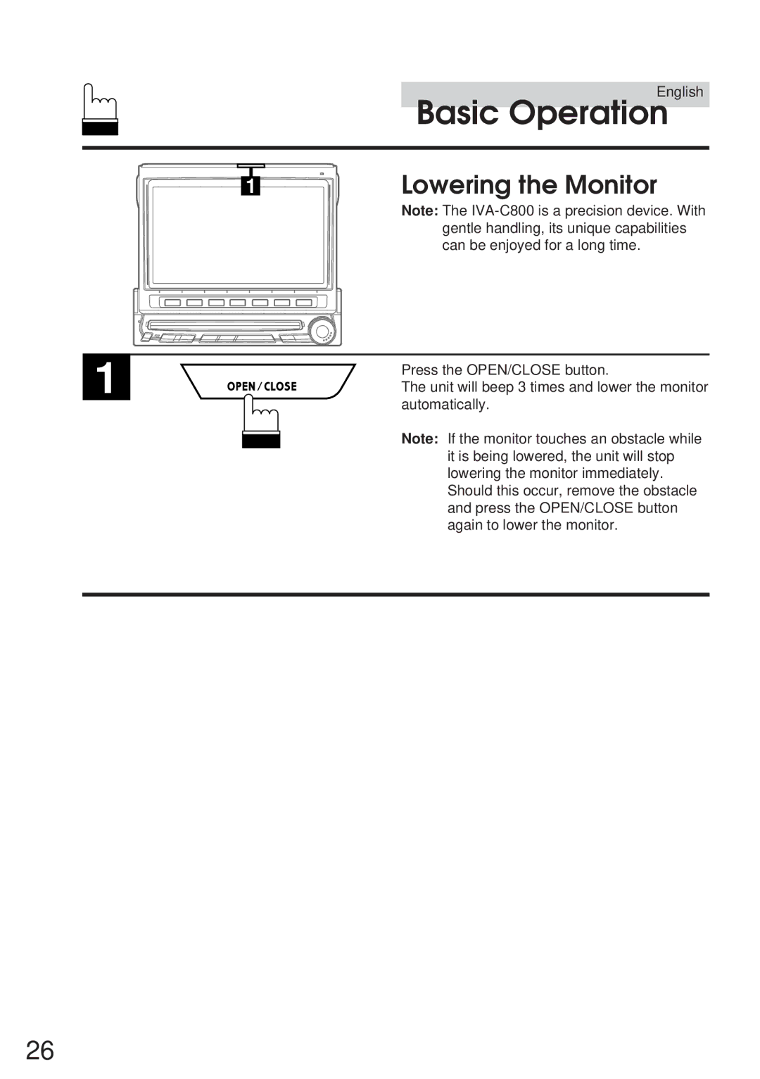 Alpine IVA-C800 owner manual Lowering the Monitor, Automatically 