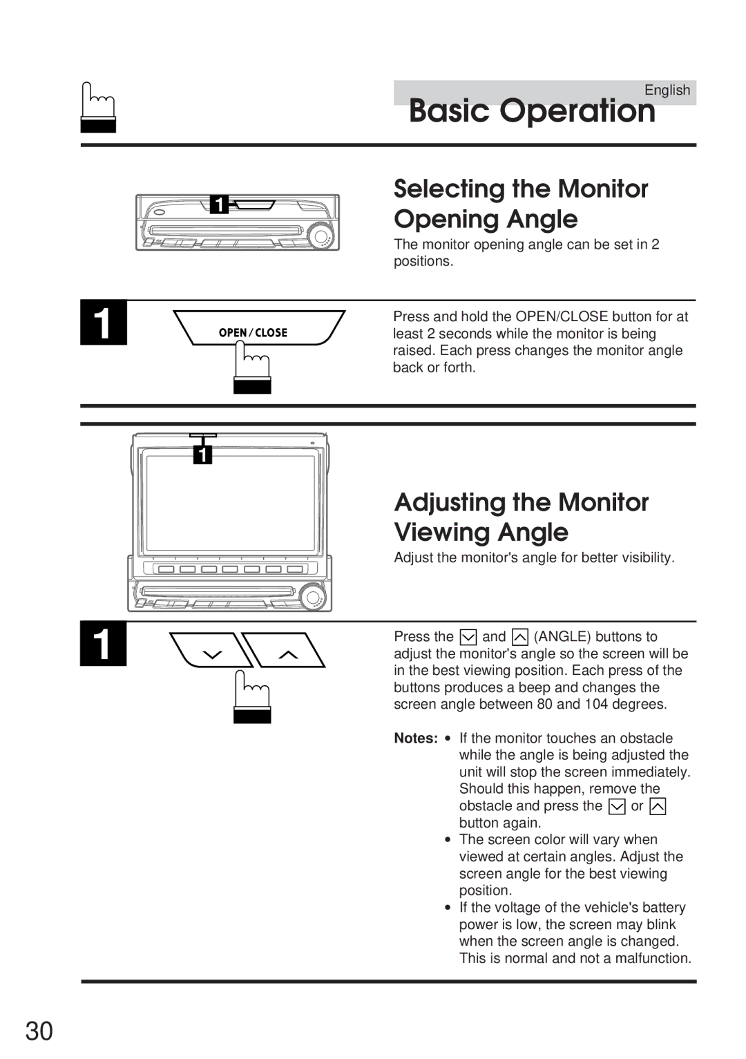 Alpine IVA-C800 owner manual Selecting the Monitor, Opening Angle, Adjusting the Monitor, Viewing Angle 