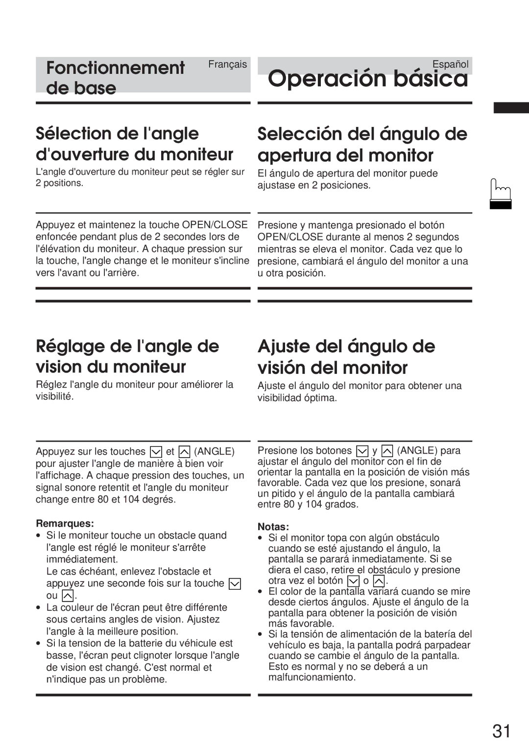 Alpine IVA-C800 owner manual De base, Selección del ángulo de apertura del monitor, Ajuste del ángulo de visión del monitor 