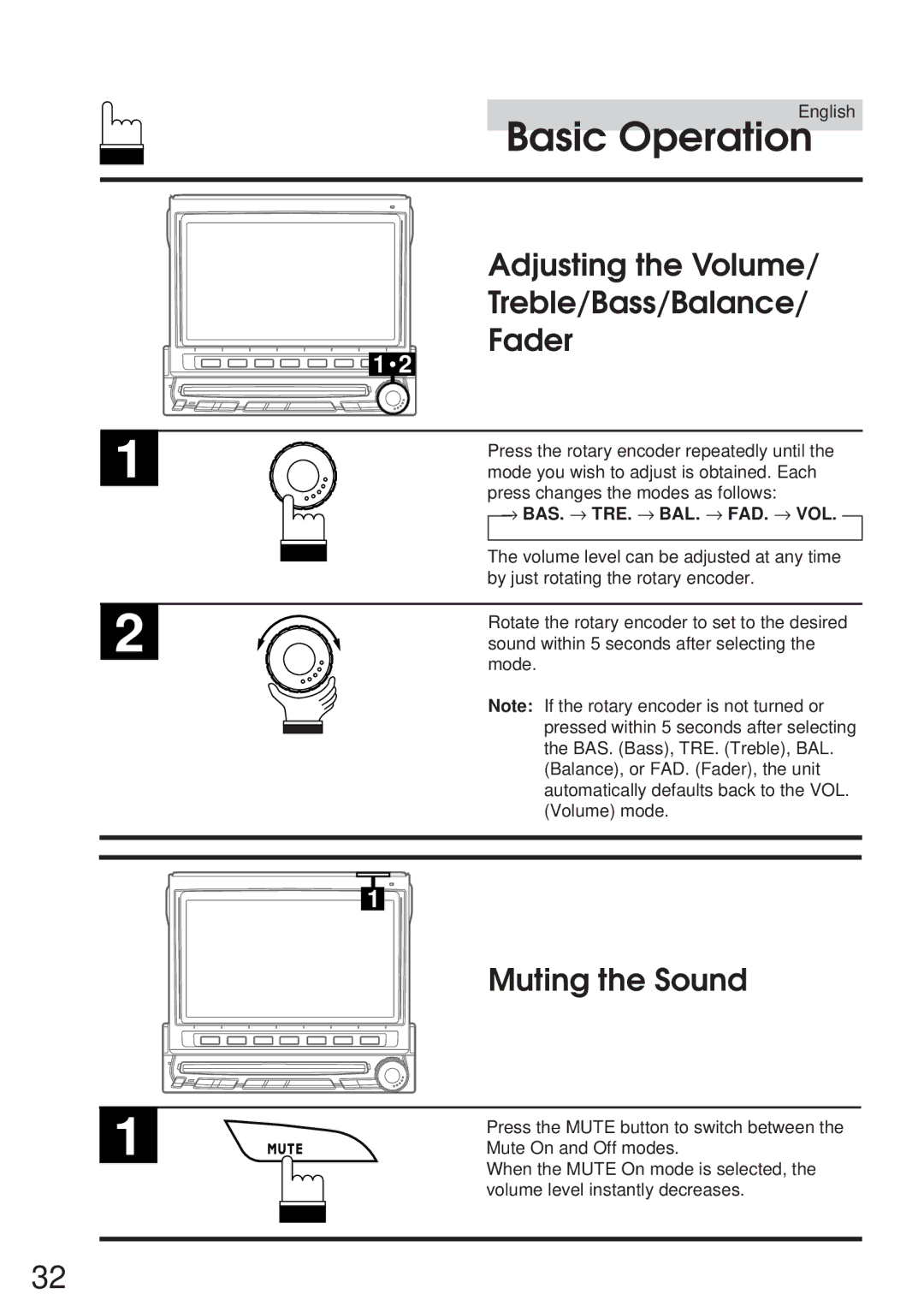 Alpine IVA-C800 Adjusting the Volume Treble/Bass/Balance Fader, Muting the Sound, → Bas. → Tre. → Bal. → Fad. → Vol 