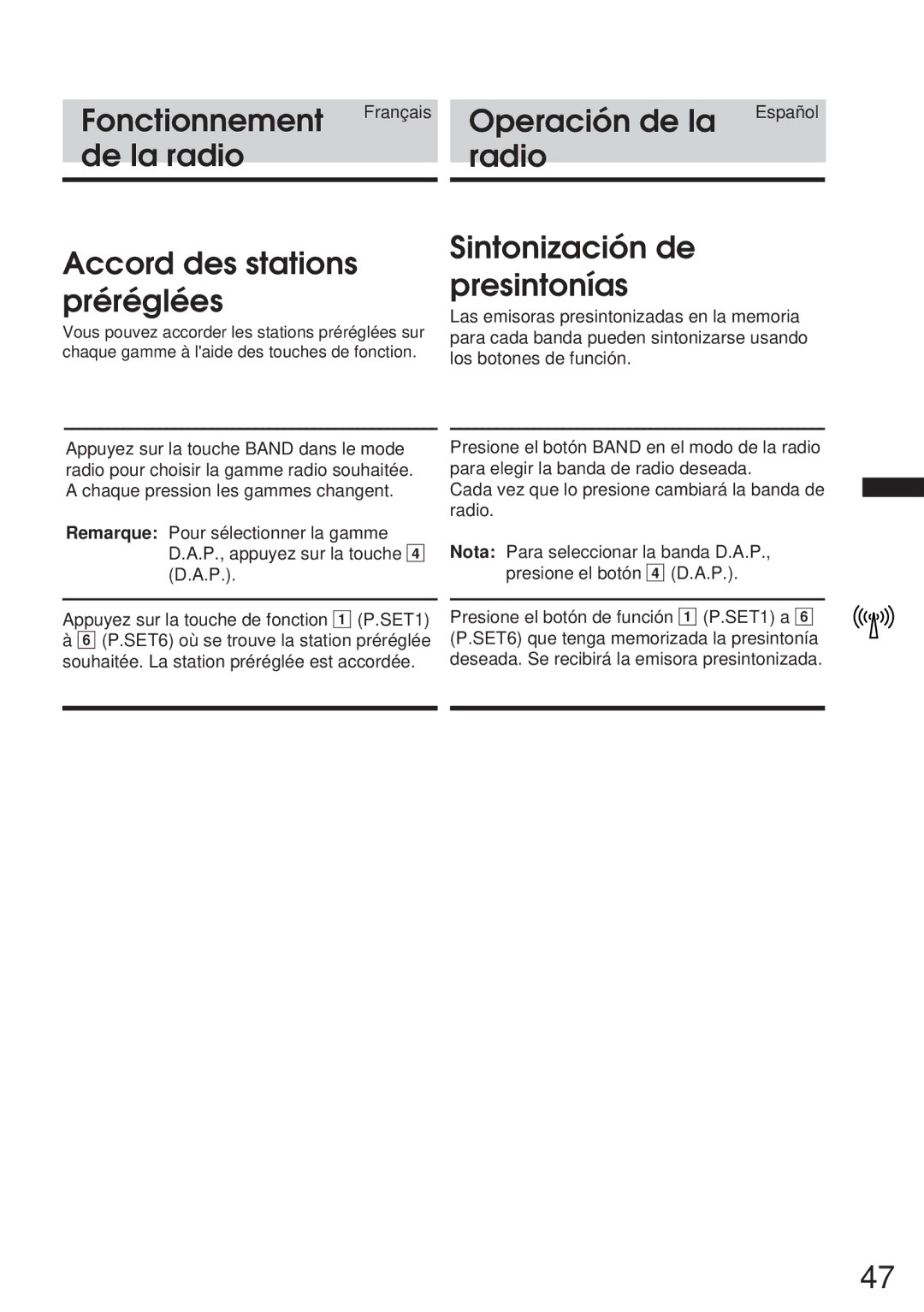 Alpine IVA-C800 owner manual De la radio Radio Accord des stations préréglées, Sintonización de presintonías 