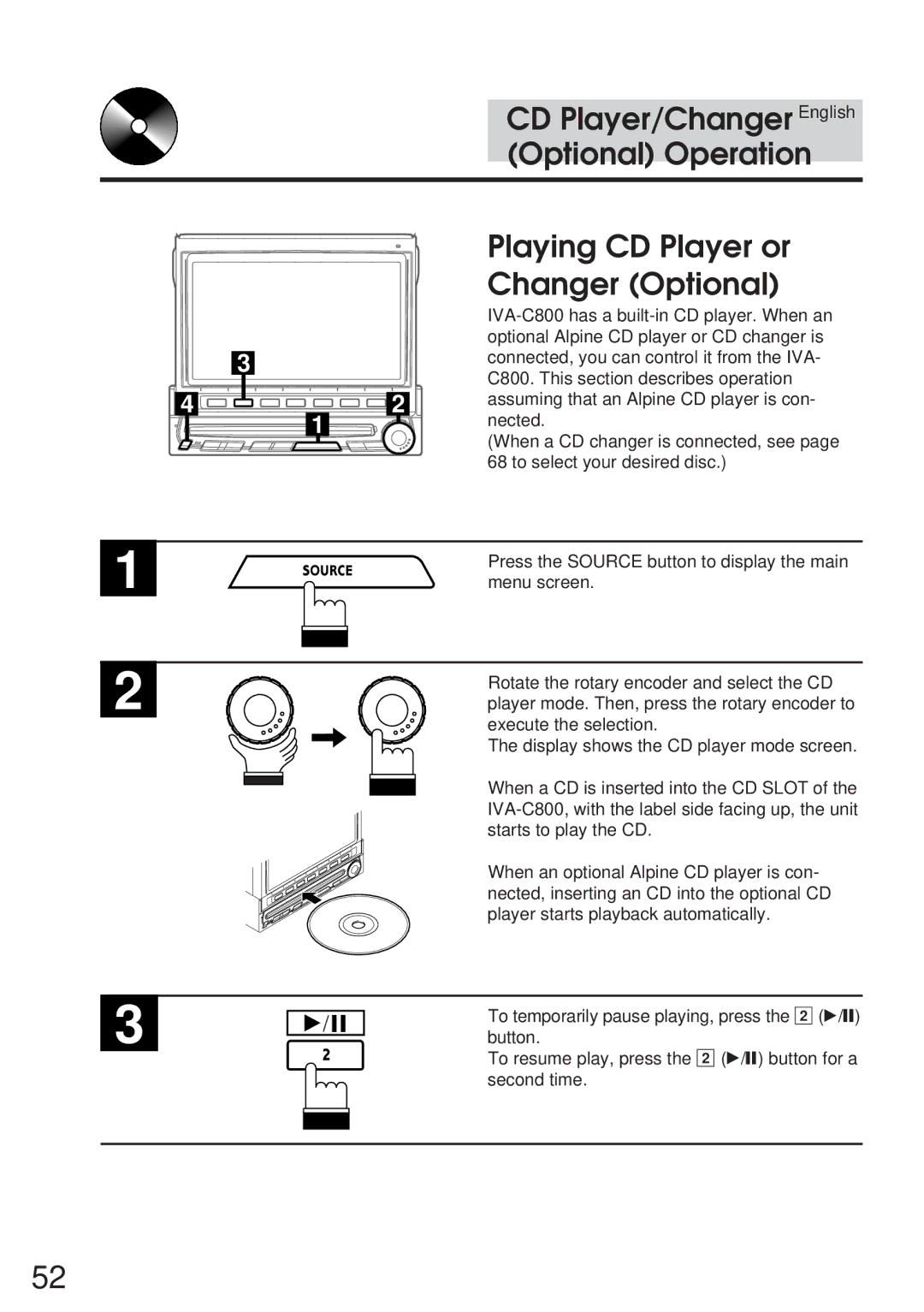 Alpine IVA-C800 owner manual CD Player/Changer English, Optional Operation, Playing CD Player or, Changer Optional 