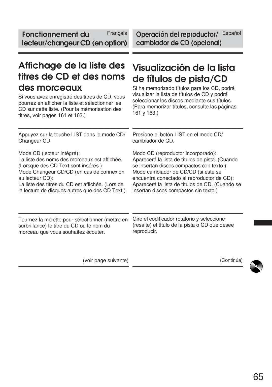 Alpine IVA-C800 Visualización de la lista de títulos de pista/CD, Mode Changeur CD/CD en cas de connexion au lecteur CD 