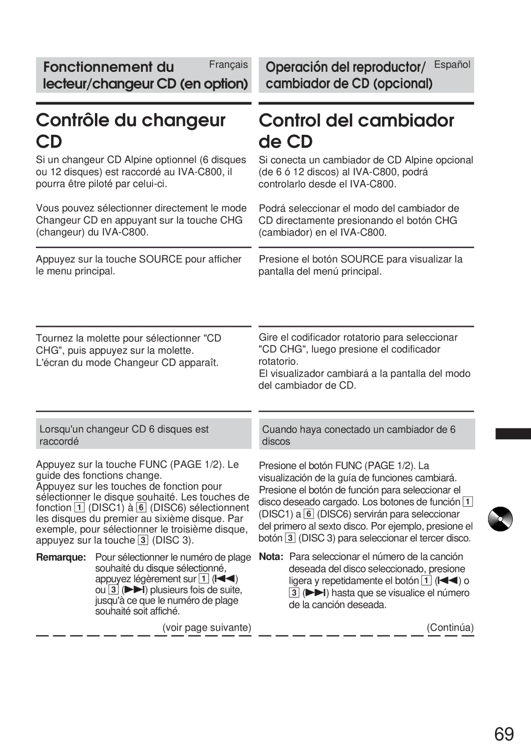 Alpine IVA-C800 owner manual Contrôle du changeur, Control del cambiador de CD 