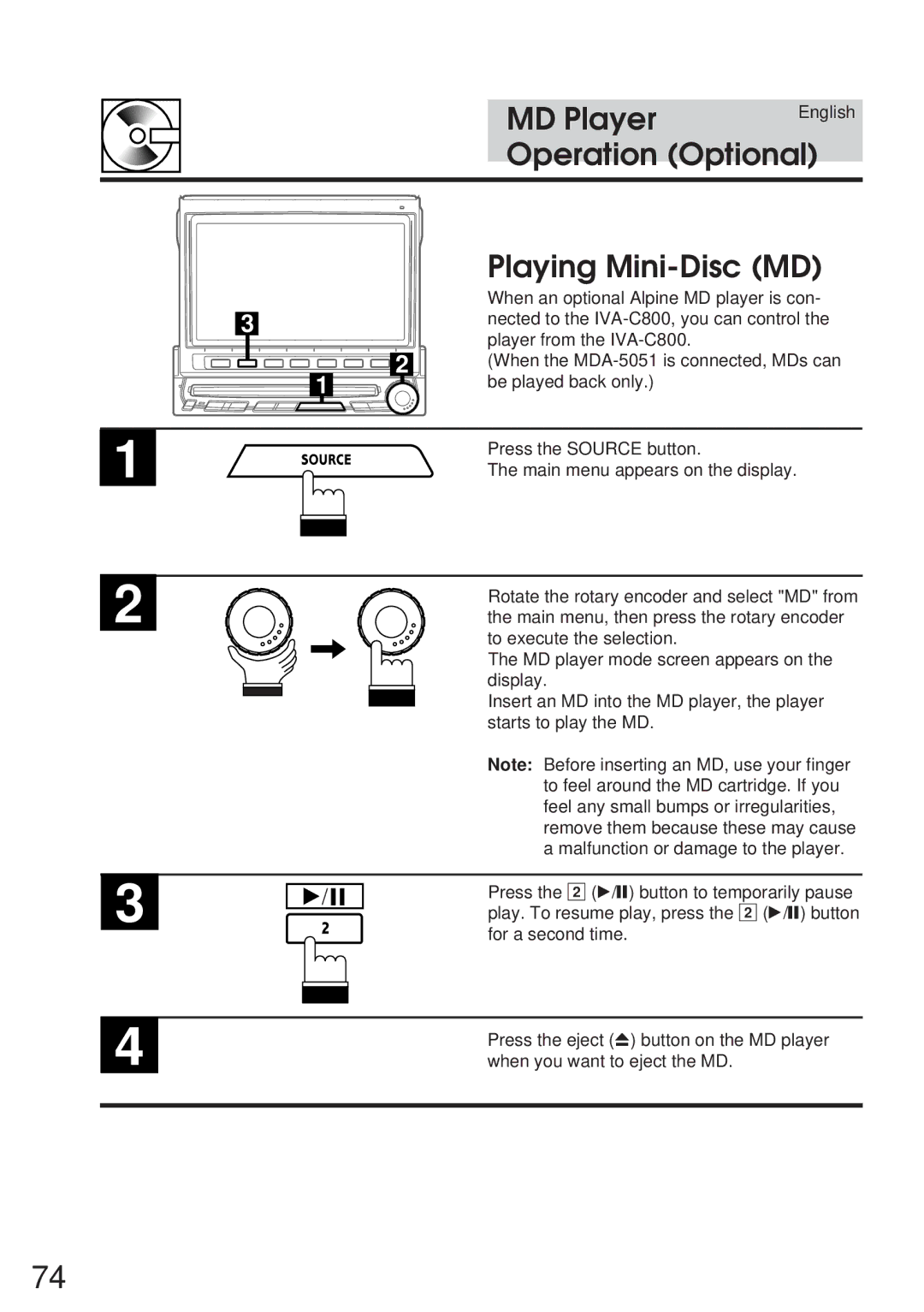 Alpine IVA-C800 owner manual MD Player, Operation Optional, Playing Mini-Disc MD 