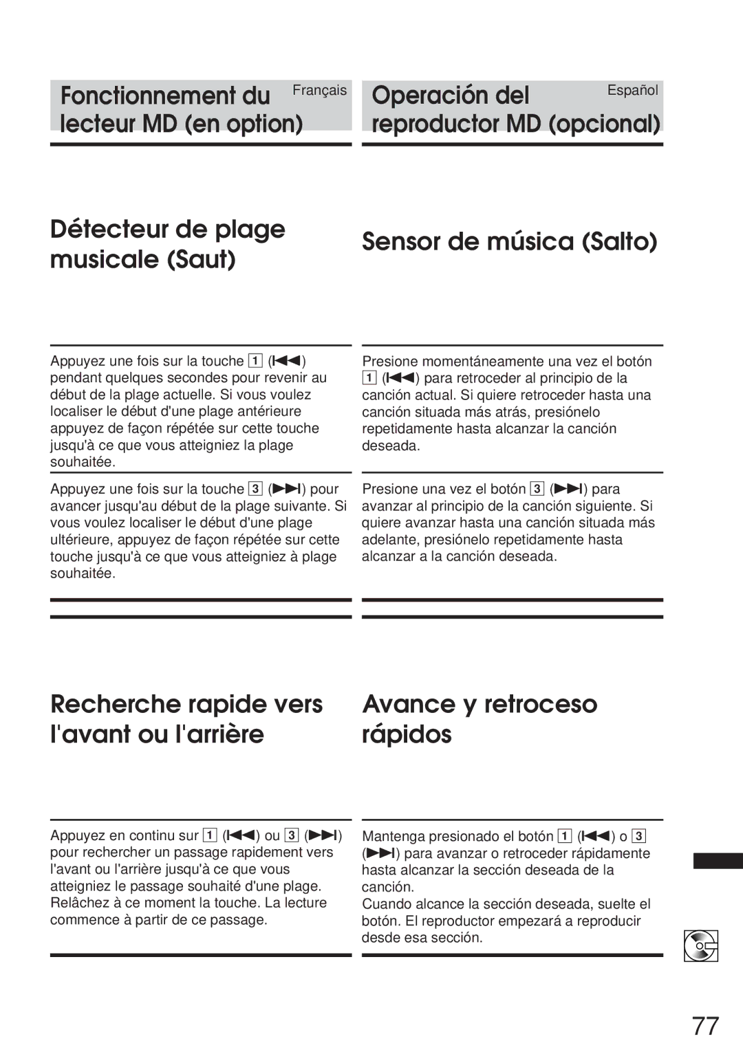 Alpine IVA-C800 owner manual Reproductor MD opcional Sensor de música Salto 