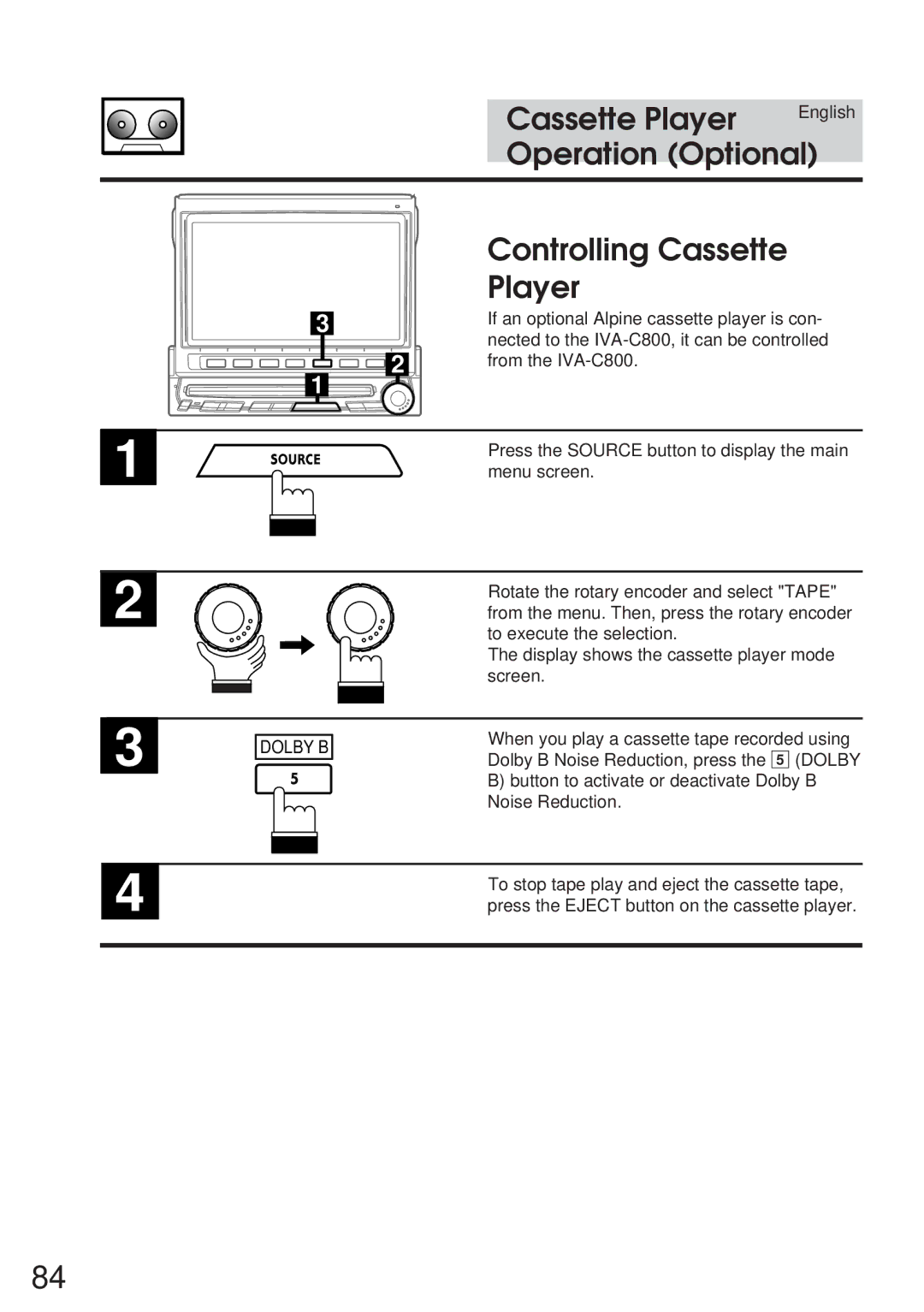 Alpine IVA-C800 owner manual Controlling Cassette Player, Dolby B 