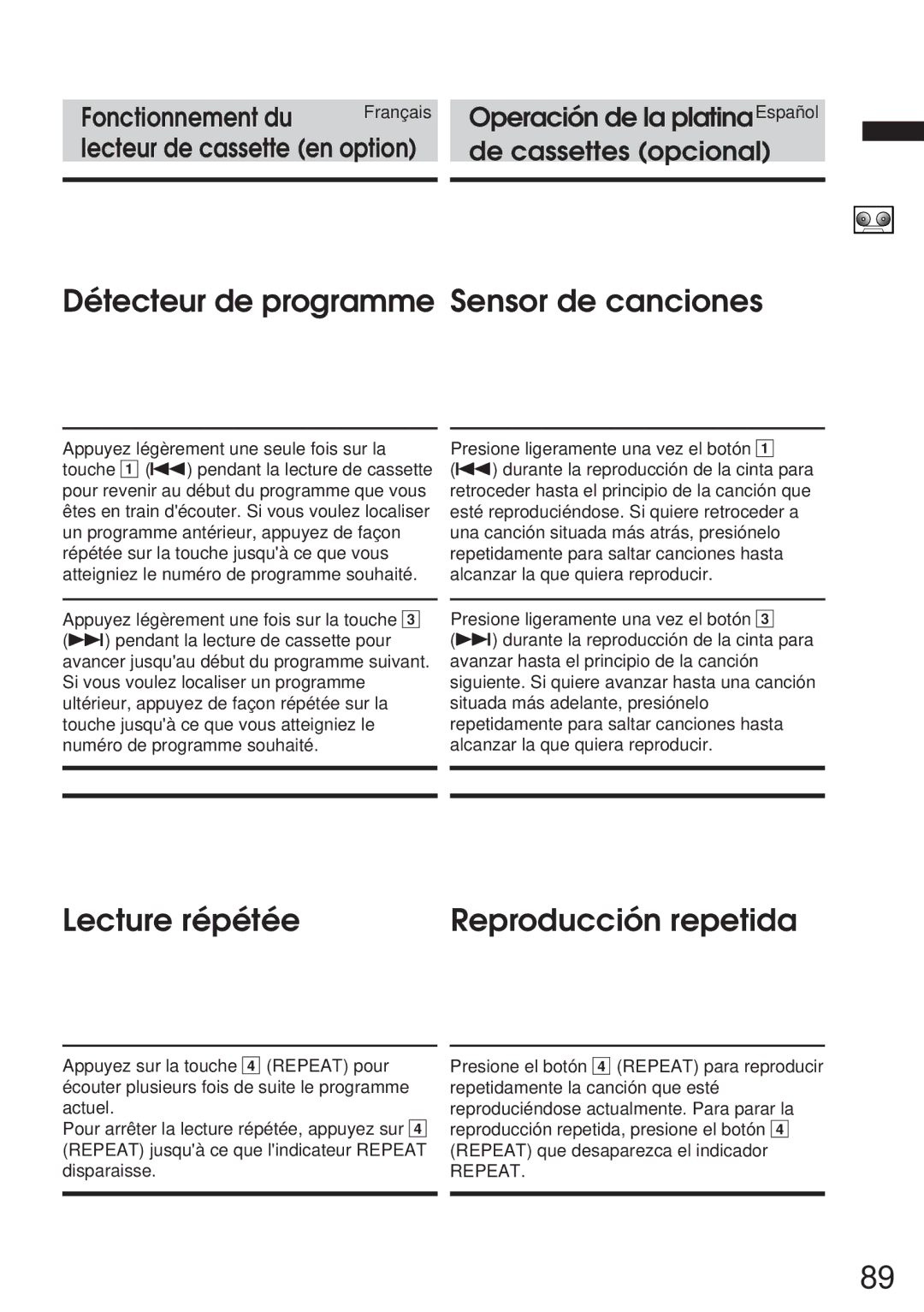 Alpine IVA-C800 owner manual Détecteur de programme Sensor de canciones, Lecture répétée Reproducción repetida 