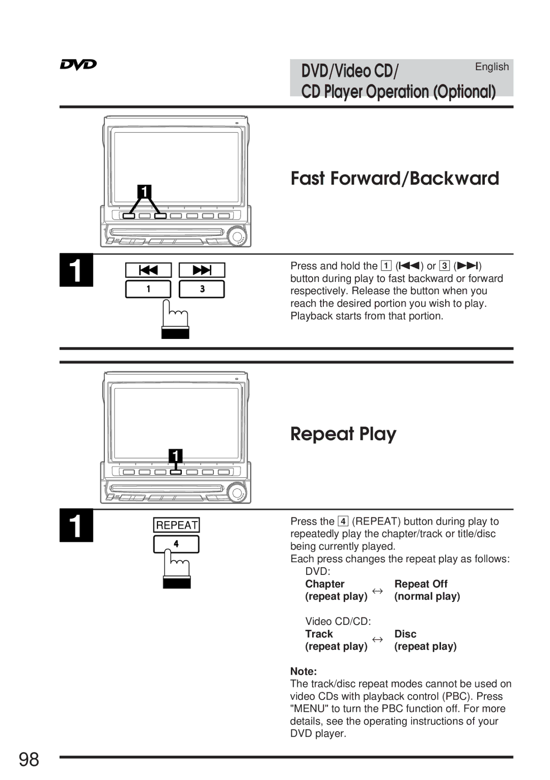 Alpine IVA-C800 owner manual Fast Forward/Backward, Chapter Repeat Off, Video CD/CD Track Disc 