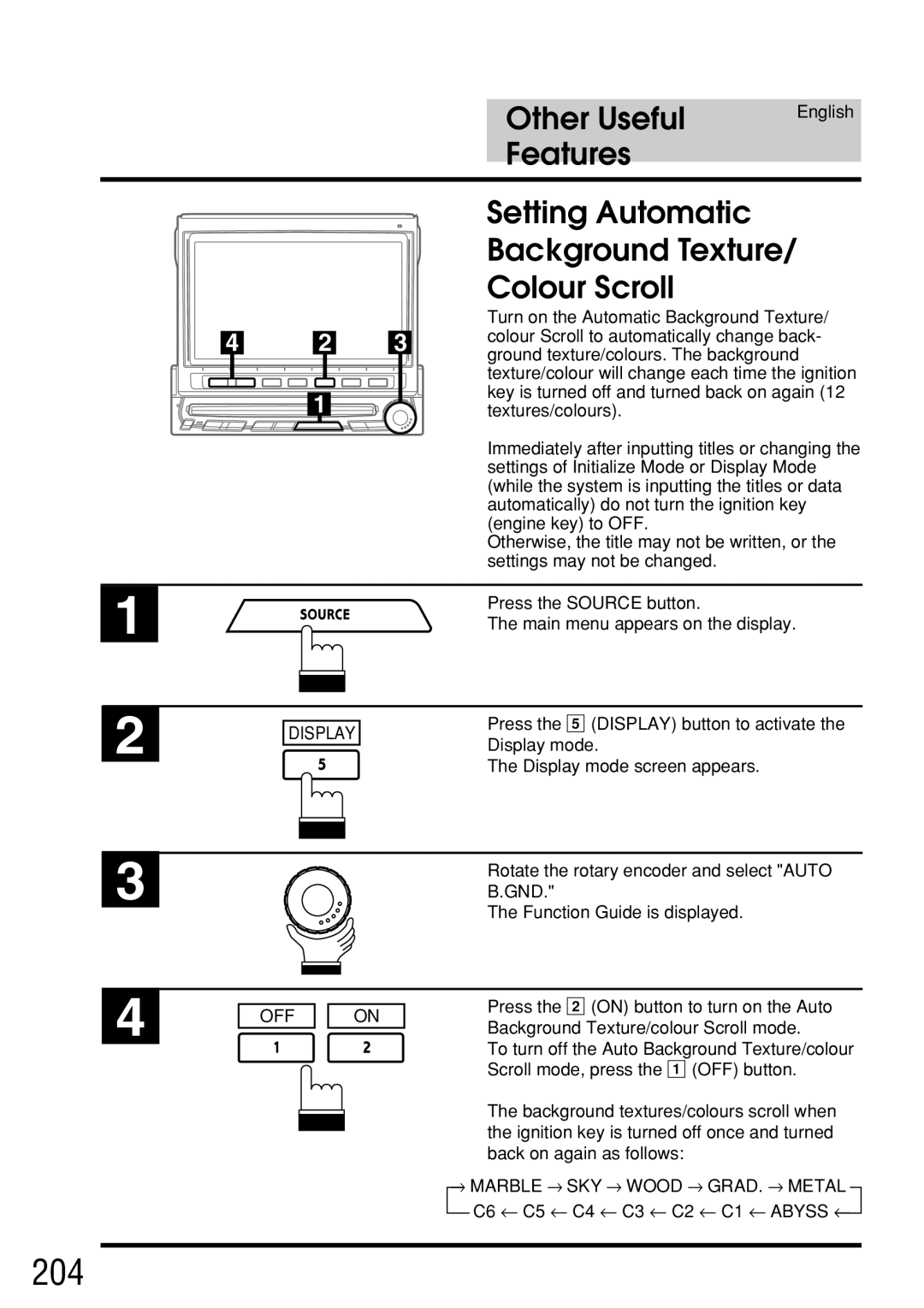 Alpine IVA-C800E owner manual 204, Setting Automatic Background Texture Colour Scroll, Gnd 