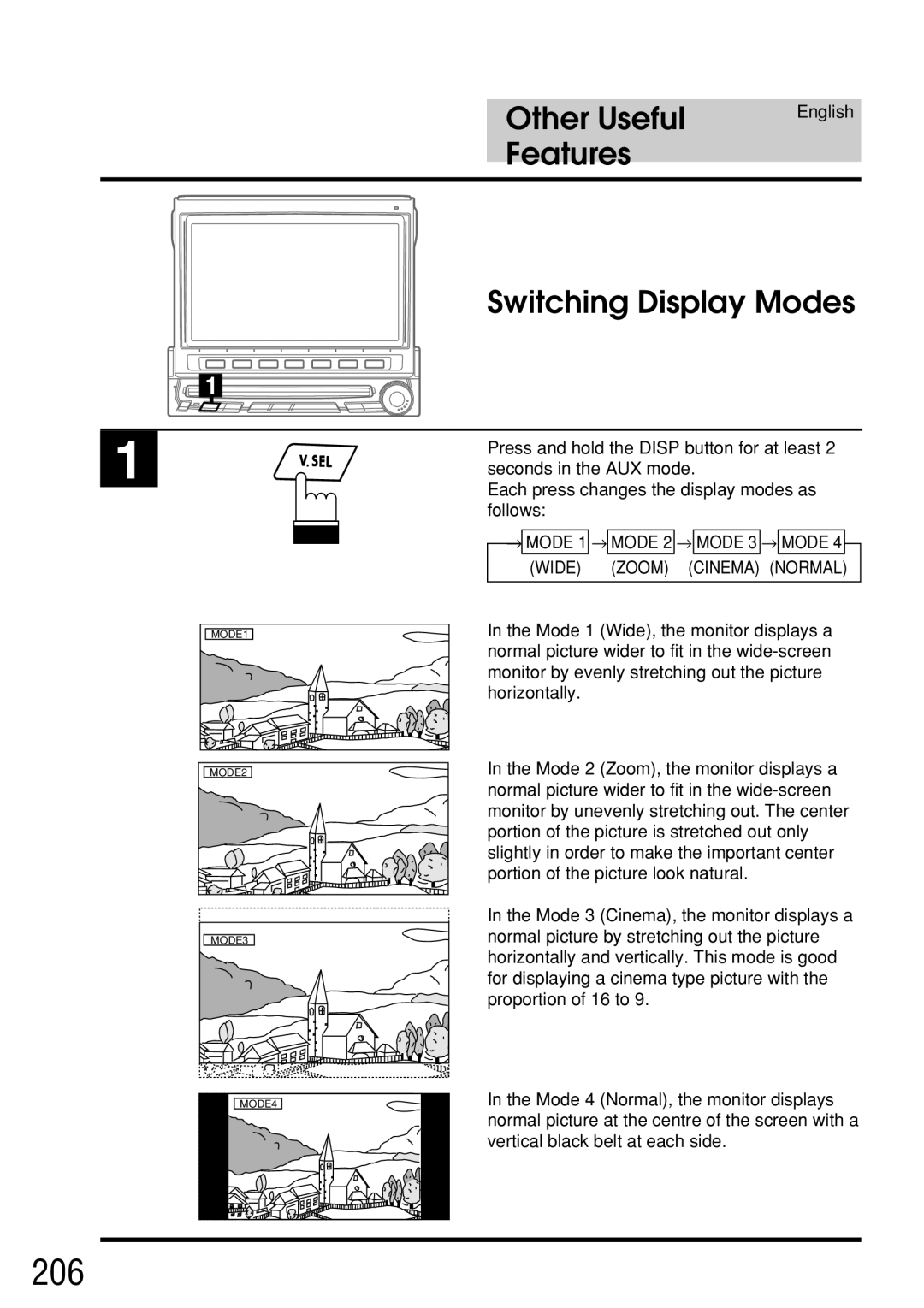 Alpine IVA-C800E owner manual 206, Switching Display Modes, Wide Zoom Cinema Normal 