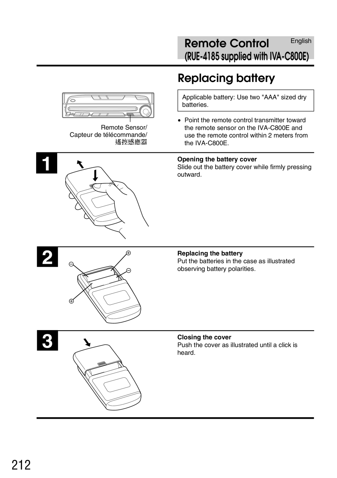 Alpine IVA-C800E owner manual 212, Remote Control, Replacing battery 