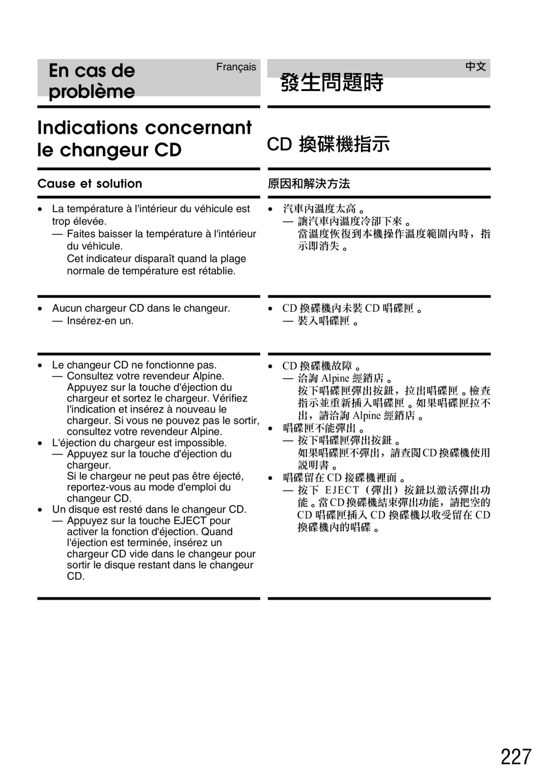 Alpine IVA-C800E owner manual 227, En cas de problème, Indications concernant Le changeur CD `a= 