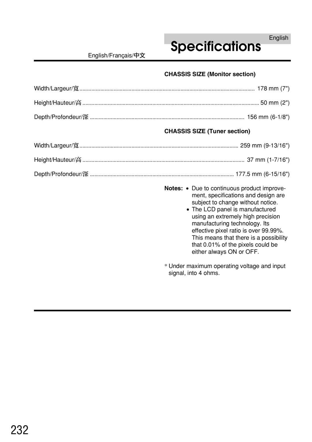 Alpine IVA-C800E owner manual 232, Chassis Size Monitor section, Chassis Size Tuner section 