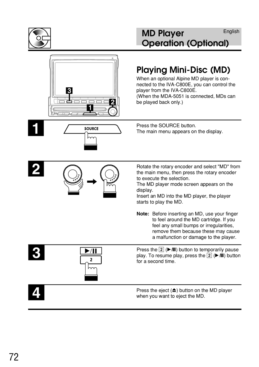 Alpine IVA-C800E owner manual MD Player, Operation Optional, Playing Mini-Disc MD 