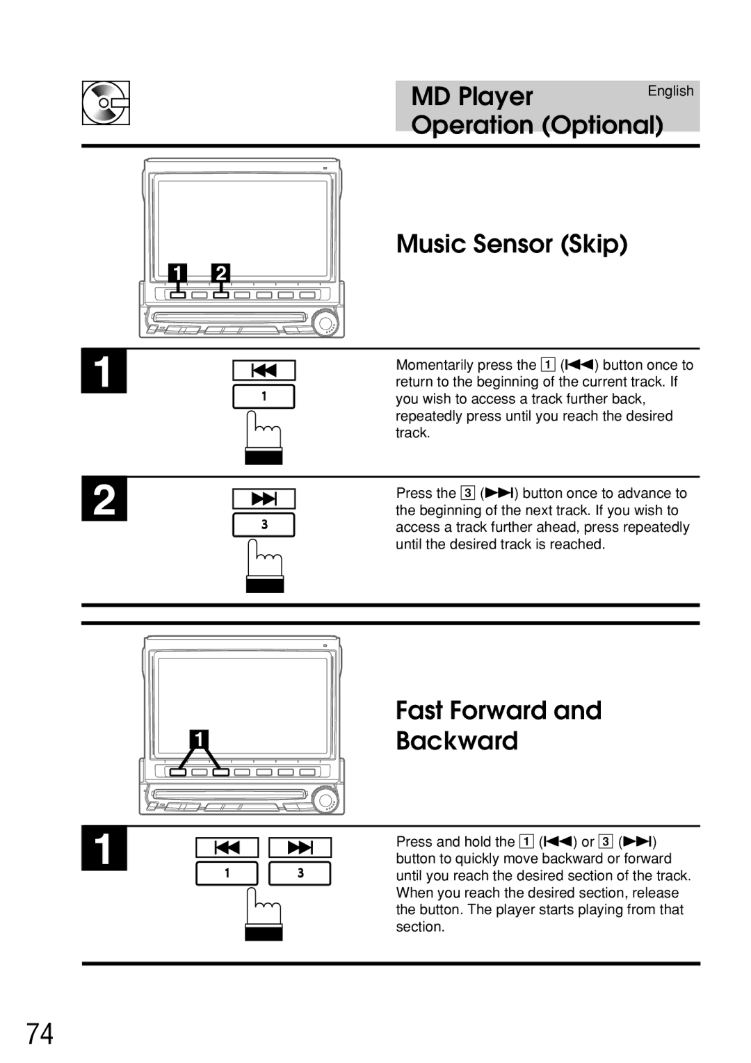 Alpine IVA-C800E owner manual Music Sensor Skip, Fast Forward 1Backward 