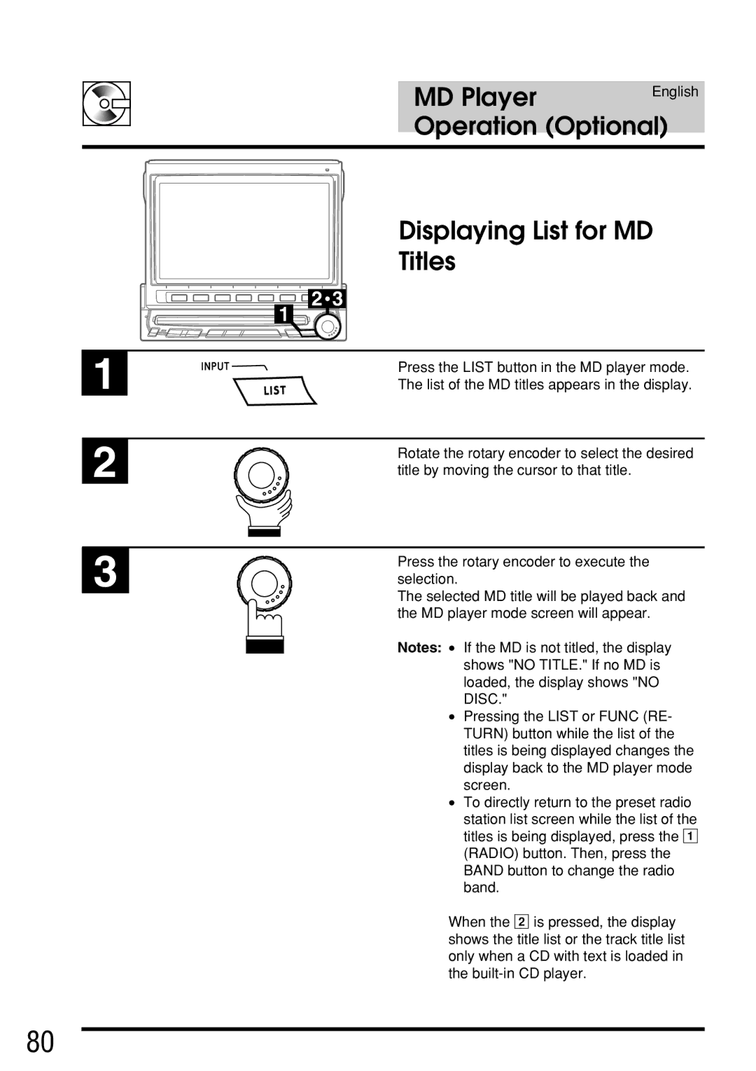 Alpine IVA-C800E owner manual Displaying List for MD Titles 