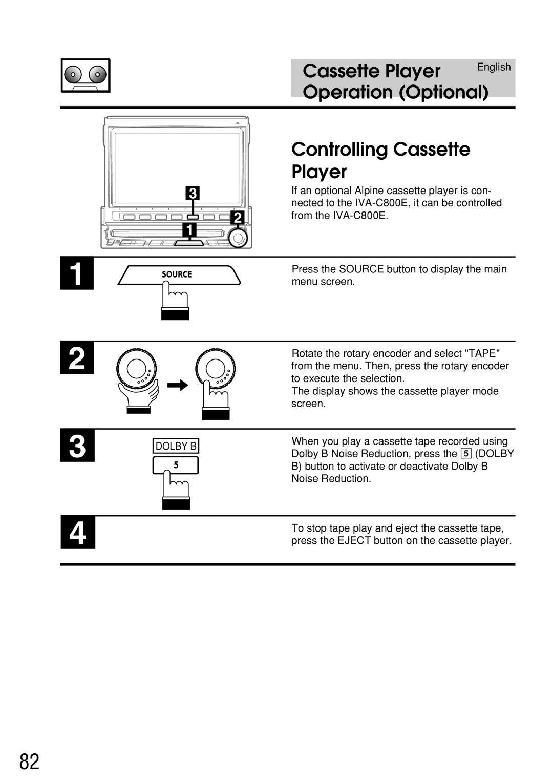 Alpine IVA-C800E owner manual Controlling Cassette Player, Dolby B 