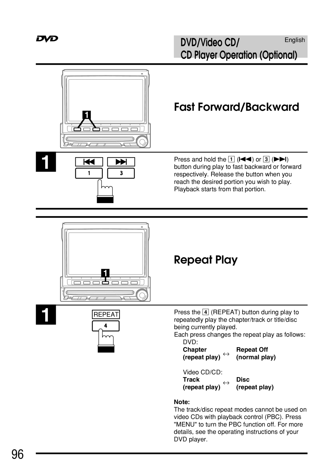 Alpine IVA-C800E owner manual Fast Forward/Backward, Chapter Repeat Off, Video CD/CD Track Disc 