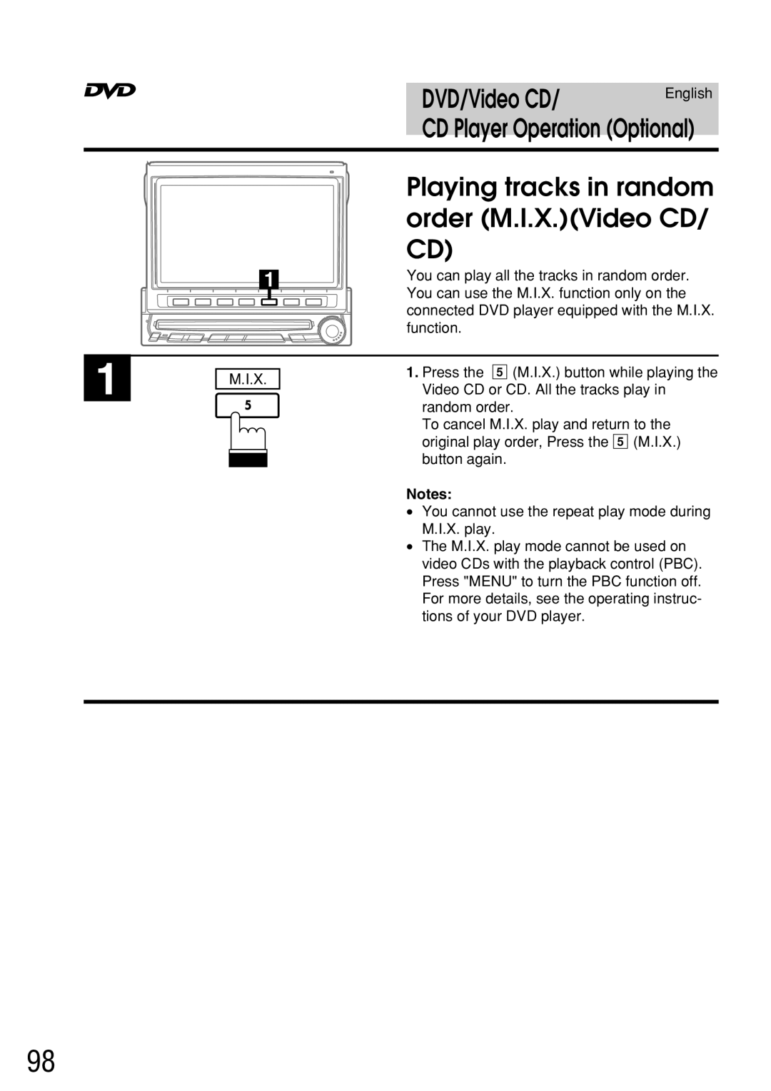 Alpine IVA-C800E owner manual Playing tracks in random, Order M.I.X.Video CD 