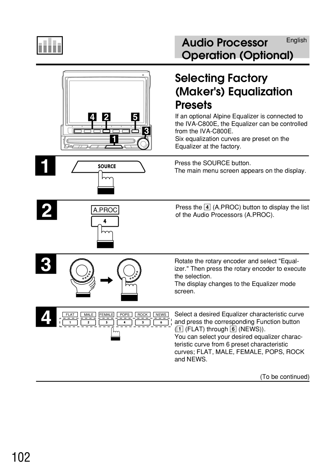 Alpine IVA-C800E owner manual 102, Audio Processor, Selecting Factory Makers Equalization Presets 