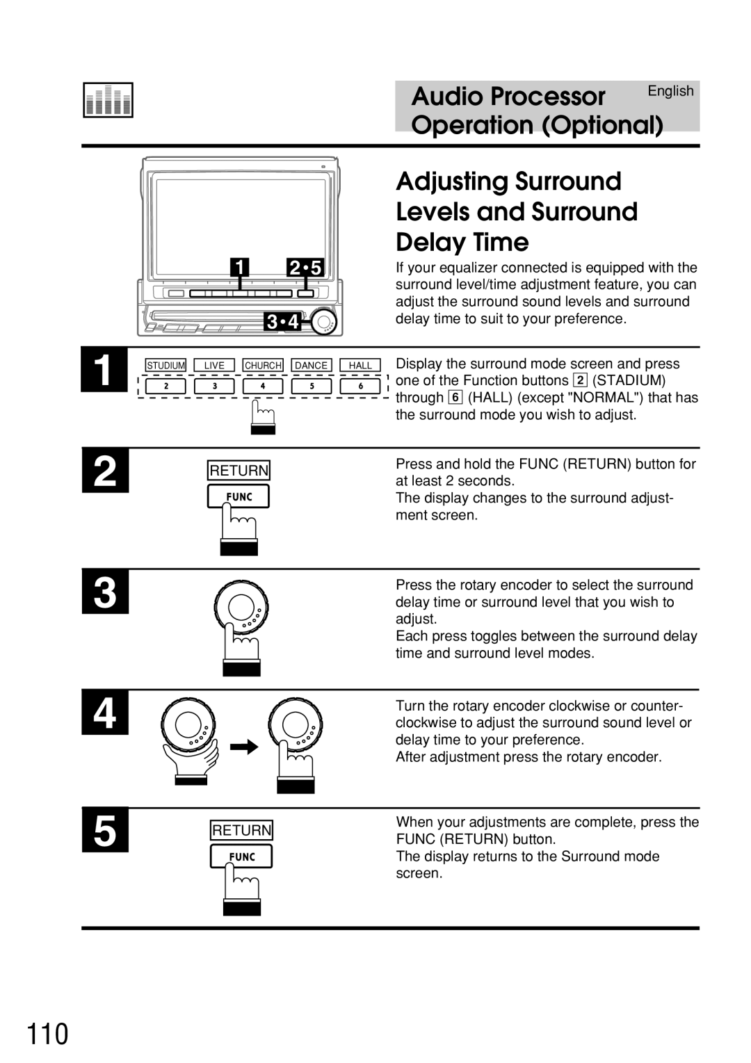 Alpine IVA-C800E owner manual 110, Adjusting Surround Levels and Surround Delay Time 