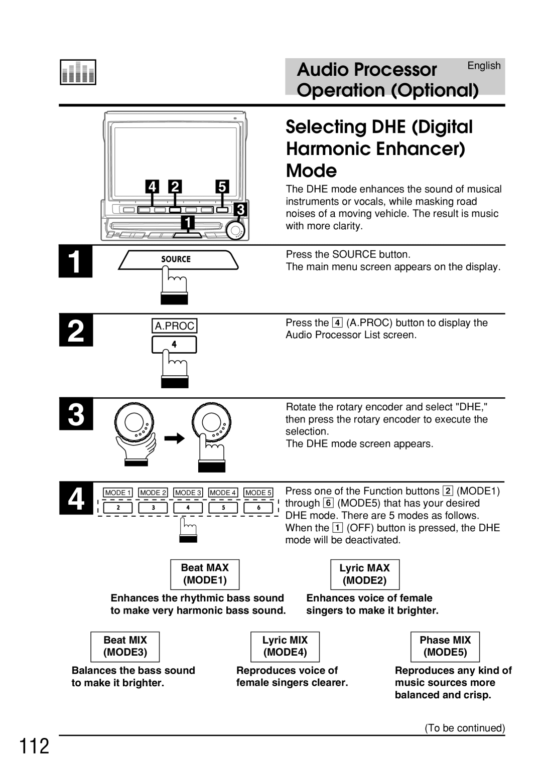 Alpine IVA-C800E owner manual 112, Selecting DHE Digital, Harmonic Enhancer Mode, Beat MAX MODE1 Lyric MAX 