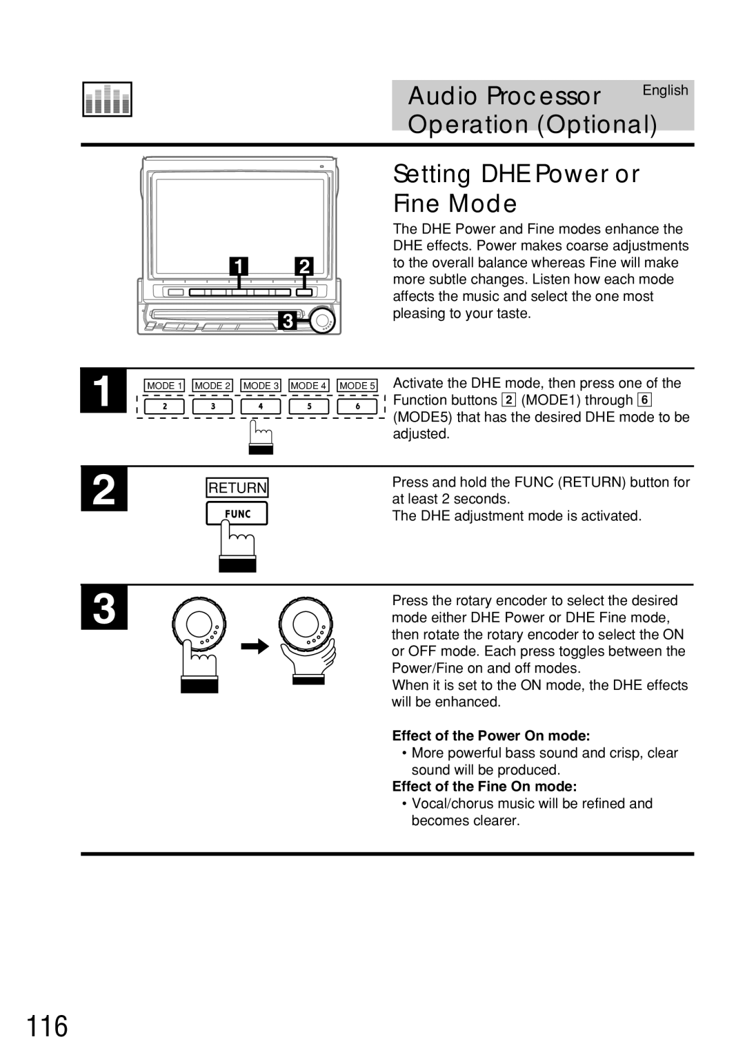 Alpine IVA-C800E owner manual 116, Setting DHE Power or Fine Mode, Effect of the Power On mode, Effect of the Fine On mode 