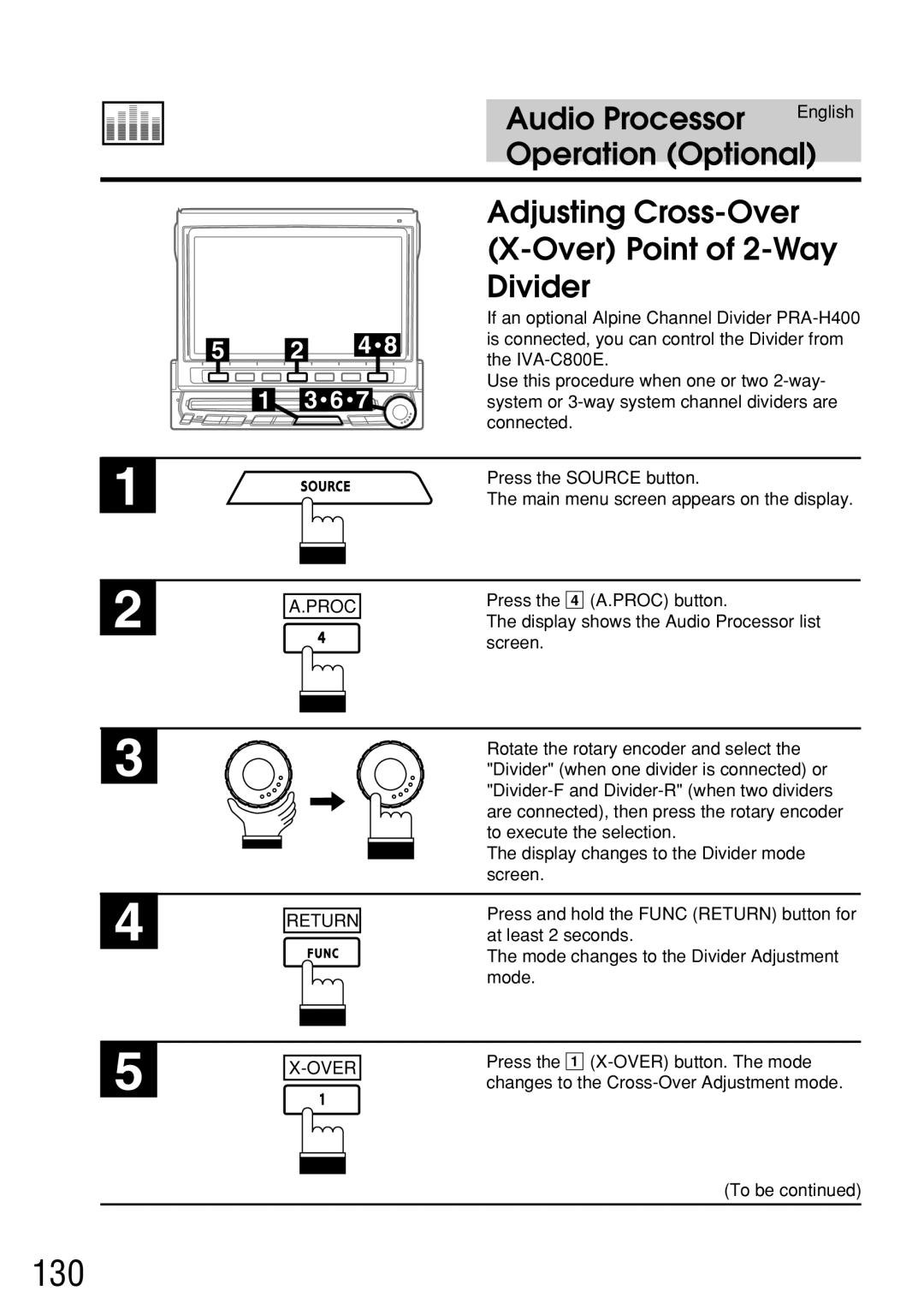 Alpine IVA-C800E owner manual 130, Adjusting Cross-Over Over Point of 2-Way Divider 