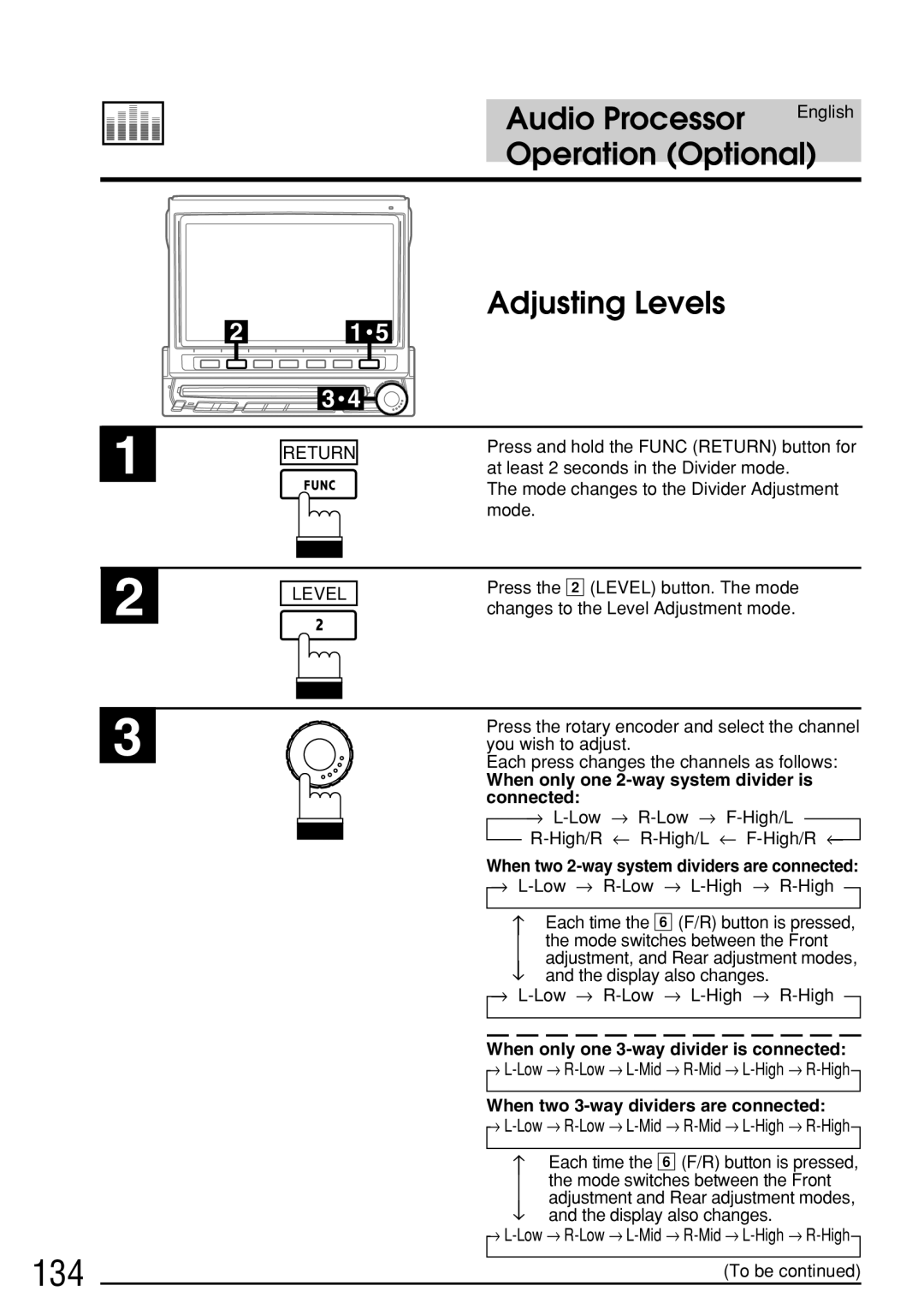 Alpine IVA-C800E owner manual 134, Adjusting Levels, When only one 2-way system divider is connected 