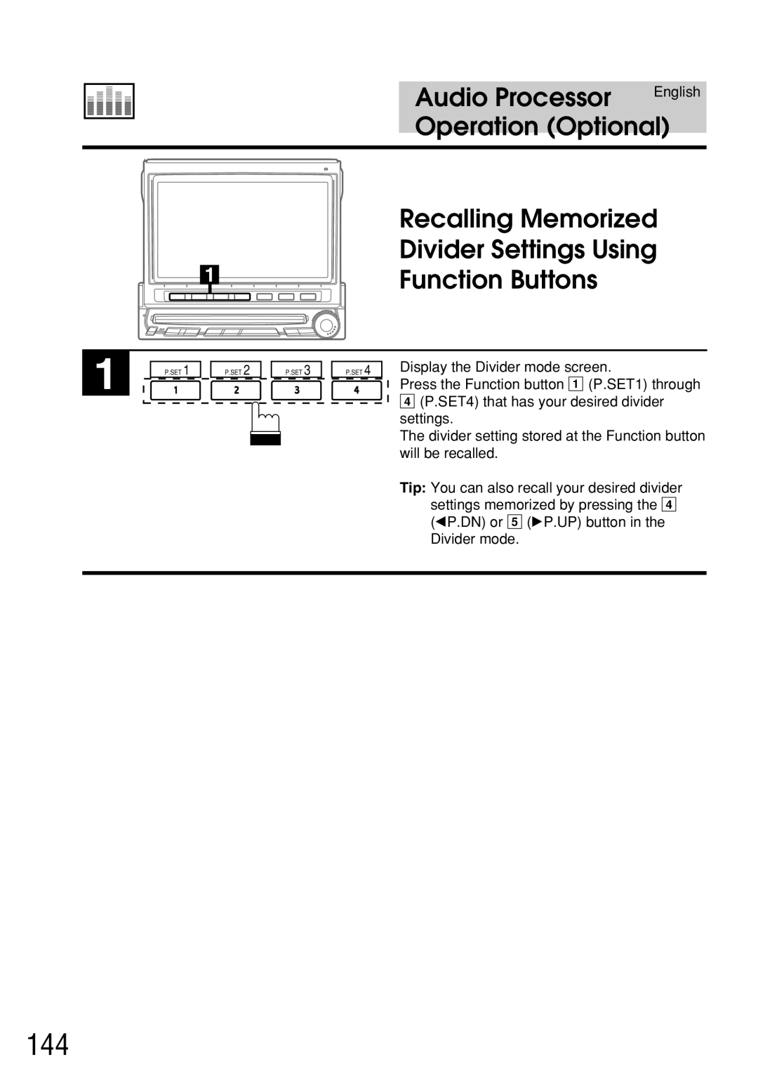 Alpine IVA-C800E owner manual 144, Recalling Memorized, Divider Settings Using, Function Buttons 