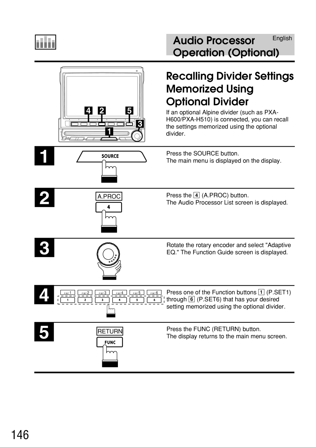 Alpine IVA-C800E owner manual 146, Recalling Divider Settings, Memorized Using Optional Divider 